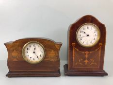 Antique Clocks, Two Edwardian wooden cased mantel clocks, both inlaid with typical marquetery work