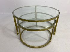 Two Mid Century gold coloured framed coffee tables with glass tops
