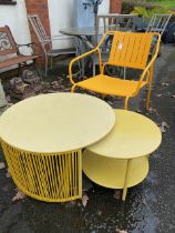 Contemporary circular metal garden nest of two tables and an orange metal garden chair