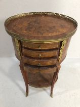 Antique furniture, reproduction French oval bedside cabinet with 4 drawers and galleried top on