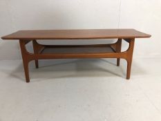 Mid Century Furniture, Scandinavian design blonde coffee table with shelf approximately 116 x 41 x