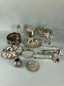 Collection of Silver, Indian Silver and silver plated items to include sugar nips, Butter dish,