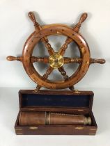 Nautical interest, wooden and brass mounted ships wheel approximately 49cm across and a 3 drawer