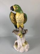 18th century style Majolica green parrot perched on a tree stump, old stapled repair to wing