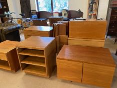 Collection of teak Mid Century furniture by maker Tapley to include modular shelving units, drawer