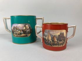 Pratt ware, two Victorian Pratt ware Bi -Handled mugs one with horse scenes, old collection label to