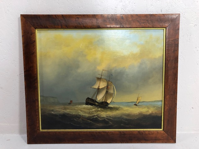 Maritime Painting, oil painting on wood of a ship off the English coast in a Maple frame