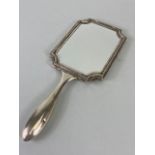 Hand held Silver coloured (white metal) double sided vanity mirror with bevelled edged glass and