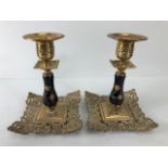 Oriental interest, Pair of 19th century Chinoiserie brass candlesticks of open fret work , cobalt