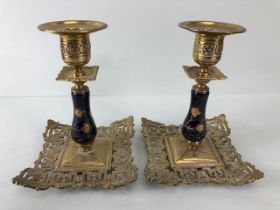 Oriental interest, Pair of 19th century Chinoiserie brass candlesticks of open fret work , cobalt