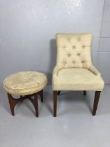 Modern furniture, cream upholstered button back bed room chair and a G plan style round