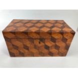 Antique tea caddy, early 19th century caddy box inlaid with a geometric design in exotic woods the
