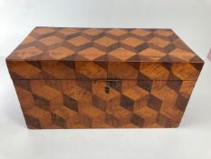 Antique tea caddy, early 19th century caddy box inlaid with a geometric design in exotic woods the