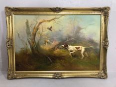 Paintings, Vintage Oil on Canvas study of two pointer dogs amidst woodland setting up birds for