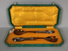 Silver handled and boxed Salad servers, long handled spoon and fork