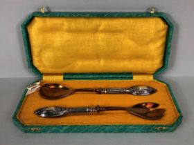 Silver handled and boxed Salad servers, long handled spoon and fork