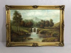 Paintings, Vintage oil on canvas painting of people fly fishing on a countryside river, signed