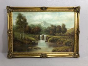 Paintings, Vintage oil on canvas painting of people fly fishing on a countryside river, signed