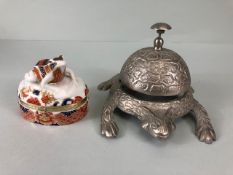 Frog Collectables, Cast white metal table bell in the shape of a frog approx 16cm and a porcelain