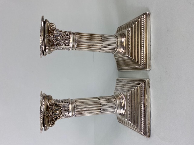 Pair of Victorian Hallmarked Silver Corinthian Column candlesticks on stepped bases with beaded - Image 2 of 11