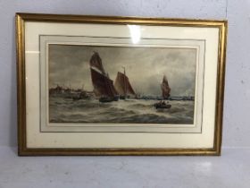 Paintings, early 20th century maritime water colour of sailing ships a harbour scene,