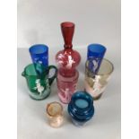 Bohemian glass, a collection of coloured cameo glass in Blue, Green, Cranberry, and amber