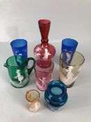 Bohemian glass, a collection of coloured cameo glass in Blue, Green, Cranberry, and amber