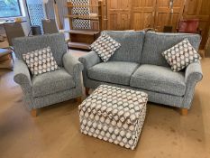 Modern furniture, 2 seater sofa, matching armchair upholstered in grey fleck material on light