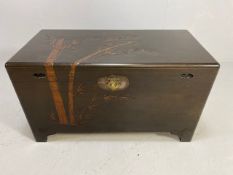 Chinese style camphor wood chest with bamboo styling, hinged lid and makers mark for Peiping Lace