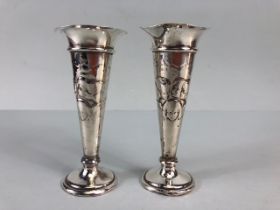 Antique English Hallmarked Silver, for London, Pair of tapered Bud Vases with fluted tops embossed