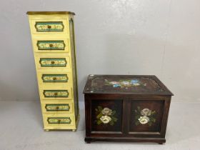 Vintage style floral painted items to include tall narrow chest of seven drawers and a painted