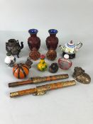 Collection of oriental collectables to include Chinese snuff bottles, decorated metal tea pots,