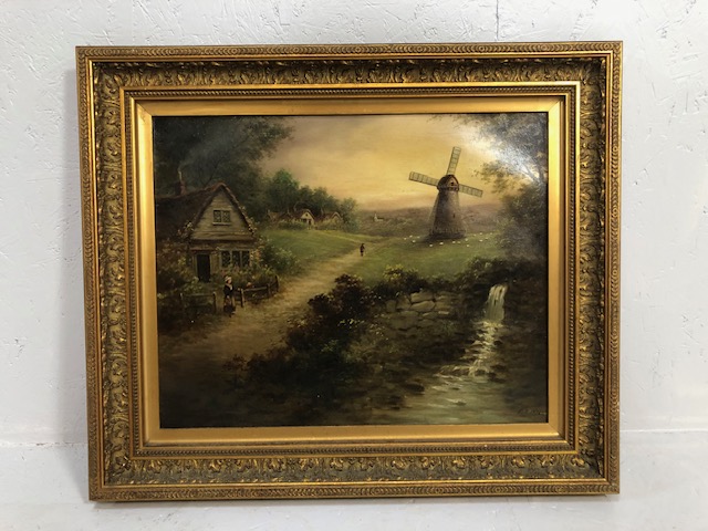 Paintings, Oil painting on Canvas of a country scene depicting a cottage and windmill, signed F T