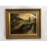 Paintings, Oil painting on Canvas of a country scene depicting a cottage and windmill, signed F T