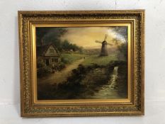 Paintings, Oil painting on Canvas of a country scene depicting a cottage and windmill, signed F T
