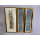 Three Framed oriental Silks, two on blue ground with flowers the largest depicting Chinese garden