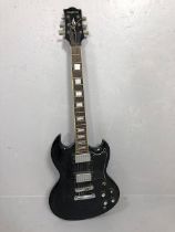 Vintage Guitar. Electric Tangle wood Guitar, body with black finish, one replacement peg