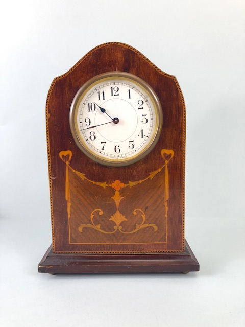 Antique Clocks, Two Edwardian wooden cased mantel clocks, both inlaid with typical marquetery work - Image 6 of 8