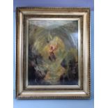 Impressionist style oil panting of St Michael smiting the sinners in a gilded and glazed frame