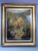 Impressionist style oil panting of St Michael smiting the sinners in a gilded and glazed frame