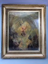 Impressionist style oil panting of St Michael smiting the sinners in a gilded and glazed frame