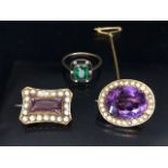 Victorian Mourning Jewellery , 2 Amethyst and seed pearl memorial brooches set in yellow metal the