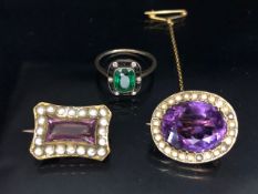 Victorian Mourning Jewellery , 2 Amethyst and seed pearl memorial brooches set in yellow metal the