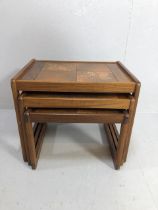 Retro furniture, 1970s/80s tile top nest of 3 tables tiles with chestnut leaf design,
