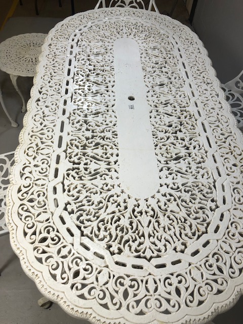 Large White painted metal Garden Table of pierced openwork design with ornate plinths below approx - Image 5 of 9