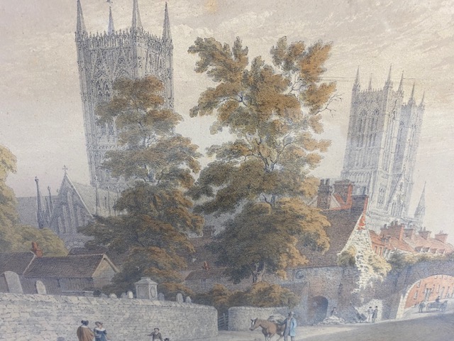 Pictures, two antique hand tinted engravings of Lincoln Minster Cathedral in matching frames both - Image 4 of 10