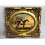 19th Century style Painting of a Race Horse and Jockey in an elaborate decorative gilded frame