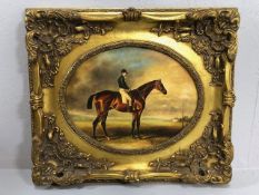 19th Century style Painting of a Race Horse and Jockey in an elaborate decorative gilded frame