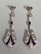 18ct White Gold Art Deco drop earrings of geometric cluster design set with Diamonds and baguette