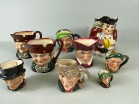 Royal Doulton, collection of character jugs in varying sizes and one unmarked toby jug 9 items in